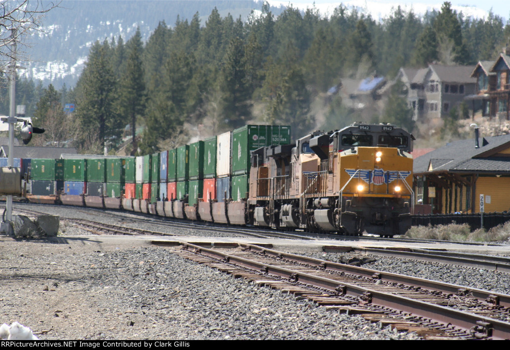 Eastbound Stac train going by old Truckee Yard